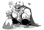  1girl ? beard bracelet cape closed_eyes crossed_arms dress elbow_gloves facial_hair gloves gown greyscale hat height_difference helmet horned_helmet horns jewelry looking_away monochrome nitorou pout queen_merelda shake_king short_hair size_difference spiked_bracelet spikes squatting wario_land 