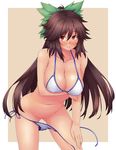  ao_banana bikini bikini_pull blush bottomless breasts brown_eyes brown_hair covered_nipples highres jpeg_artifacts large_breasts leaning_forward long_hair looking_at_viewer necktie no_wings red_eyes reiuji_utsuho side-tie_bikini smile solo striped striped_neckwear swimsuit touhou untied very_long_hair 