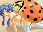  1bug 1girl all_fours artist_request bestiality blue_eyes blue_hair doggystyle from_behind insect kneeling ladybug ladybug_(insect) long_hair nude open_mouth sex simple_background small_breasts thighhighs vaginal 