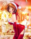  bare_shoulders blush breasts brown_eyes brown_hair bunny_tail christmas cleavage dress dress_tug elbow_gloves eyeshadow flower garter_straps gloves hat highres large_breasts looking_at_viewer makeup open_mouth original red_gloves red_legwear ribbon santa_costume santa_hat short_hair smile solo star tail thighhighs yui_toshiki 