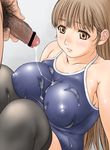  bare_shoulders blush breasts brown_eyes brown_hair bukkake censored cum cum_on_body cum_on_breasts cum_on_clothes cum_on_upper_body ejaculation erect_nipples hairy highres large_breasts long_hair masturbation nipples one-piece_swimsuit orange_brand penis pubic_hair sitting swimsuit thighhighs 