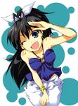  ;d arm_up bare_shoulders black_hair blue_eyes blush bracelet breasts earrings fang ganaha_hibiki hair_ribbon hoop_earrings idolmaster idolmaster_(classic) jewelry kurinton long_hair looking_at_viewer medium_breasts one_eye_closed open_mouth ponytail ribbon salute smile solo 