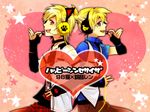  1girl 96neko :d androgynous back-to-back blonde_hair happy_synthesizer_(vocaloid) headphones headset heart kagamine_len long_sleeves looking_at_viewer niconico open_mouth pants paw_print print_object satou_iruno short_hair smile vocaloid 