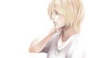  96neko bad_id bad_pixiv_id blonde_hair closed_mouth from_side hand_on_own_head highres looking_afar niconico sad satou_iruno sayoko_(song) shirt simple_background solo t-shirt upper_body vocaloid white white_background white_shirt 