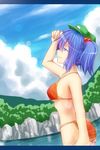  arm_up bikini blue_eyes blue_hair breasts cloud day from_side hair_bobbles hair_ornament hat kawashiro_nitori large_breasts lens_flare letterboxed looking_up orange_bikini profile shading_eyes sky smile solo swimsuit touhou two_side_up umarutsufuri underboob water 