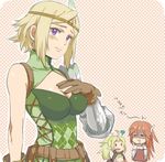  ? ahoge argyle atsumu bad_id bad_pixiv_id belt blonde_hair breast_envy breast_suppress breasts brown_gloves brown_hair circlet cleavage drooling feathers fire_emblem fire_emblem:_kakusei gloves green_hair hair_feathers long_hair mamkute medium_breasts midriff multiple_girls navel noire_(fire_emblem) nono_(fire_emblem) pointy_ears ponytail purple_eyes shaded_face tiamo translated 