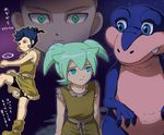  bad_id bad_pixiv_id big_(inazuma_eleven) blue_hair dinosaur fei_rune green_eyes green_hair inazuma_eleven_(series) inazuma_eleven_go inazuma_eleven_go_chrono_stone male_focus mizuhara_aki multiple_boys rei_ruku smile translation_request tsurugi_kyousuke yellow_eyes 