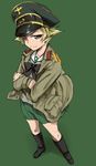  ;) black_footwear blonde_hair blouse boots brown_eyes brown_jacket crossed_arms erwin_(girls_und_panzer) girls_und_panzer goggles goggles_on_headwear green_background green_skirt hat jacket long_sleeves looking_at_viewer military military_uniform miniskirt neckerchief one_eye_closed ooarai_school_uniform open_clothes open_jacket peaked_cap pleated_skirt school_uniform serafuku short_hair skirt smile solo ttomm uniform white_blouse wind 