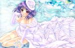  alternate_costume blush bouquet bow breasts cleavage dress flower garter_straps hat hat_bow highres large_breasts nagae_iku purple_hair red_eyes sheer_legwear short_hair sitting solo thighhighs touhou wedding_dress yokozuwari yukarigawa_yumiya 