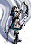  alice:_madness_returns alice_(wonderland) american_mcgee's_alice apron black_hair blood boots green_eyes highres jewelry jupiter_symbol knife long_hair mario_grant necklace omega_symbol pantyhose parody solo street_fighter street_fighter_iv_(series) striped striped_legwear style_parody uranus_symbol 