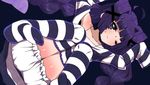  alice_(criminal_girls) arms_up blush body_blush braid criminal_girls game_cg ichihaya long_hair lowres multicolored multicolored_clothes multicolored_legwear official_art one_eye_closed purple_eyes purple_hair simple_background solo striped striped_legwear sweat thighhighs two-tone_legwear 