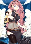  blue_eyes breasts covered_navel detached_sleeves highres large_breasts long_hair loyproject megurine_luka midriff pink_hair sideboob smile solo speaker stomach thighhighs vocaloid water 