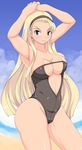 :3 armpits arms_up bangs beach blonde_hair blue_eyes breasts center_opening cleavage day dorothy_catalonia earrings eyebrows forked_eyebrows gundam gundam_wing hairband jewelry kihaiu large_breasts long_hair one-piece_swimsuit stud_earrings swimsuit underboob 