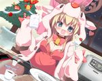  2012 :d bell bell_collar bike_shorts blonde_hair blue_eyes blush breasts cellphone christmas christmas_tree cleavage collar cream cup fang hair_ornament heart holding hood hoodie kuronekogata long_hair looking_at_viewer medium_breasts open_mouth original phone plate sitting smile snowing solo table window 