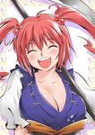  :d blush breasts cleavage closed_eyes hair_bobbles hair_ornament happy large_breasts onozuka_komachi open_mouth pink_hair revision round_teeth scythe short_hair smile solo taguchi_makoto teeth touhou two_side_up weapon 