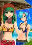  beach bikini_top blue_eyes blue_hair bracelet breasts circlet cleavage feena_(grandia) grandia grandia_i green_eyes green_hair jewelry leen_(grandia) lio_(lune24) long_hair medium_breasts midriff multiple_girls navel necklace short_hair siblings sisters smile summer veil water 