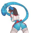  blue_eyes blue_fur blue_skin blush camel_toe cat clothed clothing feline female fur legwear looking_at_viewer looking_back mammal panties raised_tail seamen skimpy solo stockings tail-lift thigh_highs underwear wide_hips 