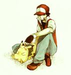  avri baseball_cap black_hair denim gen_1_pokemon hat jeans looking_at_viewer pants pikachu pokemon pokemon_(creature) pokemon_(game) pokemon_gsc red_(pokemon) red_(pokemon_rgby) sitting 