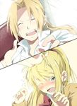  1girl :d ^_^ bad_id bad_pixiv_id blonde_hair blue_eyes blush closed_eyes edward_elric fullmetal_alchemist hand_on_another's_head hetero long_hair mitsu_yomogi one_eye_closed open_mouth ponytail smile winry_rockbell 