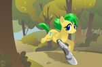  cutie_mark cyborg detailed_background equine female forest looking_at_viewer mammal my_little_pony nabbiekitty original_character outside pegasus prosthetic running scenery solo tree wings 