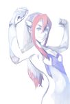  arms birdy_cephon_altirra blue_eyes bodysuit clenched_hands drawfag highres long_hair pink_hair pose red_hair simple_background smirk solo tetsuwan_birdy tetsuwan_birdy_decode white_background 