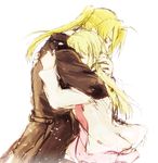  1girl blonde_hair closed_eyes couple edward_elric fullmetal_alchemist hetero hug long_hair ponytail sketch tsukuda0310 white_background winry_rockbell 