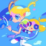  banned_artist blonde_hair blue_eyes blue_skirt bubble bubble_blowing bubbles_(ppg) drill_hair dual_persona flat_color goutokuji_miyako lowres mintchoco_(mmn2) multiple_girls nail_polish powerpuff_girls_z rolling_bubbles skirt thighhighs twin_drills twintails white_legwear 