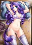  bed blue_eyes blush bottomless bra clothed clothing cutie_mark emperpep equine female friendship_is_magic hair half-dressed horn human humanized legwear long_hair looking_at_viewer lying mammal my_little_pony navel not_furry on_back pillow purple_hair pussy rarity_(mlp) smile solo stay-ups stockings underwear unicorn 