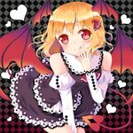  :q argyle argyle_background bare_shoulders blonde_hair blush demon_tail detached_sleeves hair_ribbon hand_to_own_mouth hazakura_satsuki head_wings heart heart-shaped_pupils red_eyes ribbon rumia short_hair skirt solo symbol-shaped_pupils tail tongue tongue_out touhou wings 