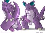  anthro anus balls barbs blue_eyes butt dreiker erection fangs looking_at_viewer looking_back male nidoking nintendo nude penis penis_backwards perineum plain_background pok&#233;mon presenting presenting_hindquarters purple_body raised_tail slit solo standing video_games white_background 