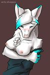  blue blush breasts canine chakat-silverpaws chakat-silverpaws(artist) clothing female highlights looking_at_viewer mammal nipples solo undressing wolf 