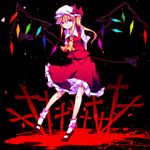  arms_behind_back ascot bad_id bad_pixiv_id blonde_hair blood blood_splatter cross darkness flandre_scarlet hat hat_ribbon highres jouhei laevatein looking_at_viewer mob_cap red_eyes ribbon shirt side_ponytail skirt skirt_set smile solo touhou wings 