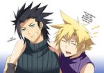  2boys black_hair blonde_hair blue_eyes closed_eyes cloud_strife commentary earrings english final_fantasy final_fantasy_vii friends gloves jewelry male_focus meru multiple_boys open_mouth personality_switch scar sleeveless sleeveless_turtleneck smile turtleneck zack_fair 