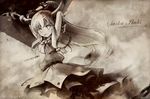  arctic arms_up bad_id bad_pixiv_id belt bow chain character_name copyright_name cuffs english hair_bow highres horn_ribbon horns ibuki_suika immaterial_and_missing_power inubiko long_hair low-tied_long_hair monochrome open_mouth ribbon shackles shirt skirt sleeveless sleeveless_shirt smile solo touhou very_long_hair wall 