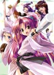  5girls armpit_peek baseball_bat baseball_mitt blonde_hair blue_eyes brown_eyes character_request fan highres kamishiro_rin kazetsubaki_kuriko komatsu_eiji leg_lift long_hair maburaho miyama_yuuna multiple_girls official_art robe shikimori_kazuki 