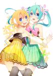  absurdres ahoge aqua_hair bad_id bad_pixiv_id bare_shoulders blonde_hair blue_eyes bow cheerful_candy_(module) colorful_drop_(module) colorful_x_melody_(vocaloid) dress flower hair_flower hair_ornament hatsune_miku highres kagamine_rin long_hair multiple_girls open_mouth project_diva_(series) project_diva_2nd short_hair temari_(deae) thighhighs twintails vocaloid 