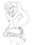  animal_print bikini boots breast_press choker closed_eyes crossover french_kiss greyscale half-closed_eyes highres horns hug kahm kekekeke kiss knee_boots leg_lift long_hair lum monochrome multiple_girls non-web_source oni outlanders short_hair sketch swimsuit tiger_print tongue urusei_yatsura yuri 