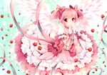  blush bow dress flower frilled_dress frills gloves hair_bow hands_on_own_face kaname_madoka magical_girl mahou_shoujo_madoka_magica pink_eyes pink_hair ribbon rose short_twintails smile solo twintails wataame27 wings 