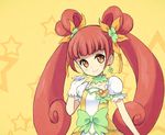  bow brown_hair choker collar cure_rosetta curly_hair dokidoki!_precure double_bun earrings gloves green_choker jewelry long_hair magical_girl nyjee precure puffy_sleeves ribbon smile solo twintails white_gloves yellow_background yellow_eyes yotsuba_alice 