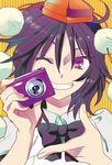  black_hair camera face grin hat looking_at_viewer one_eye_closed red_eyes shameimaru_aya shinoasa short_hair smile solo tokin_hat touhou upper_body 