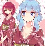  :o bad_id bad_pixiv_id blue_eyes blue_hair breast_envy breasts cleavage flower japanese_clothes kimono kisaki_nana large_breasts long_hair multiple_girls obi original red_eyes red_hair sash short_hair 