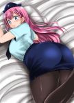  1girl adahcm ass bangs bed black_legwear black_neckwear blue_eyes blue_hat blue_shirt blue_skirt blush bokutachi_wa_benkyou_ga_dekinai braid breasts feet_up female_service_cap french_braid hat highres hips huge_ass jpeg_artifacts kirisu_mafuyu large_breasts long_hair looking_at_viewer looking_back lying miniskirt necktie on_stomach pantyhose pencil_skirt pillow pink_hair police police_hat police_uniform policewoman shirt short_sleeves skirt solo thick_thighs thighs twin_braids uniform wide-eyed wide_hips 