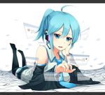  7zu7 ahoge alternate_hair_length alternate_hairstyle aqua_eyes aqua_hair bad_id bad_pixiv_id computer detached_sleeves hatsune_miku headset letterboxed lying on_stomach ponytail pop-up_window short_hair solo sweatdrop thighhighs vocaloid windows 