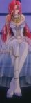  90s bare_shoulders breasts burn-up burn-up_w bustier chain collar earrings feet garter_belt garters hair_over_one_eye highres jewelry large_breasts legs long_hair looking_at_viewer nipples pink_hair red_hair see-through smile solo thighhighs 