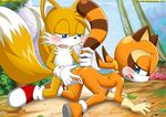  anthro anus bbmbbf blue_eyes blush breasts butt canine duo female fingering fox half-closed_eyes looking_back male mammal marine_the_raccoon miles_prower nude open_mouth outside pussy raccoon sega sex side_boob sonic_(series) straight tail_grab 