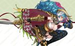  alexander_(eiyuu_senki) blue_hair cape eiyuu_senki fang gauntlets headdress heterochromia highres long_hair multicolored_hair navel panties pink_hair polearm solo spear thighhighs totoya_yuu two-tone_hair underwear weapon 