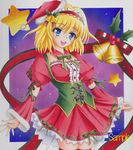  alice_margatroid belt blonde_hair blue_eyes breasts christmas cleavage corset dress hairband hat medium_breasts millipen_(medium) munmu open_mouth ribbon sample santa_costume santa_hat short_hair smile solo star touhou traditional_media 