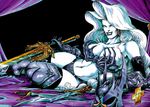  90s armor breasts chaos!_comics cleavage dated gloves grin helmet jason_jensen lady_death large_breasts long_hair no_pupils signature smile solo steven_hughes sword weapon 