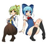  :d black_legwear blue_eyes blue_hair blush bow cirno daiyousei green_eyes green_hair hair_bow hair_ornament hairclip kinakomoti looking_at_viewer multiple_girls necktie open_mouth pantyhose short_hair side_ponytail simple_background smile socks thighband_pantyhose touhou white_background 