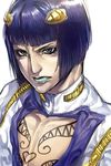  blue_eyes blue_hair bob_cut bruno_buccellati hair_ornament hairclip irohara_mitabi jojo_no_kimyou_na_bouken lipstick makeup male_focus solo 